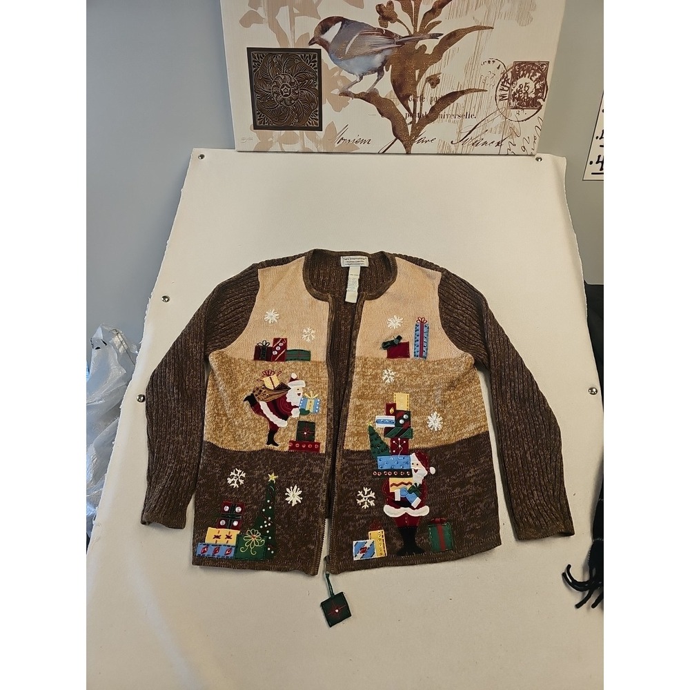 Tiara International Christmas Santa Cardigan Sweater Brown Zip Up Womens Large